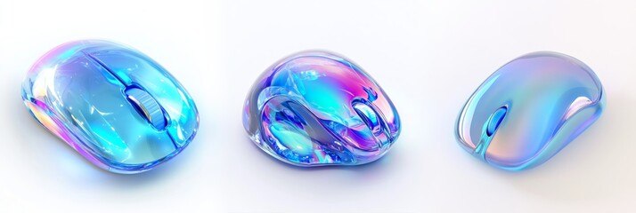 Glass souvenir computer mouse in triplicate on a light colored background. 