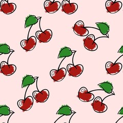 seamless pattern with cartoon cherries, red cherries seamless pattern, red cherries with green leaf on pink background