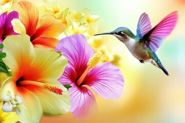 Naklejka premium A colorful image of a hummingbird hovering near a vibrant array of tropical flowers