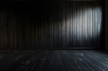 Background wall of a dark room made of old wooden panels on which a ray of light falls. 