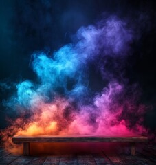 Dark background with bright, colorful smoke rising from an empty wooden table in clubs upwards. 