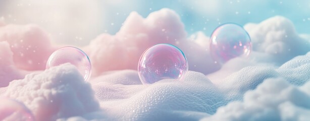 Close-up of delicate soap bubbles floating on soft pastel-colored foam on a light blue background. 