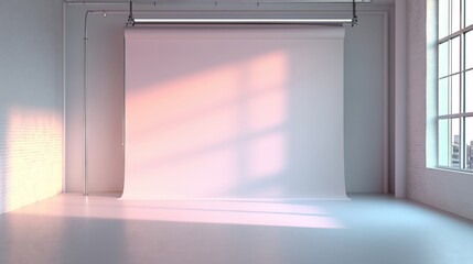 Empty studio room in pastel colors with white canvas for the spotlight