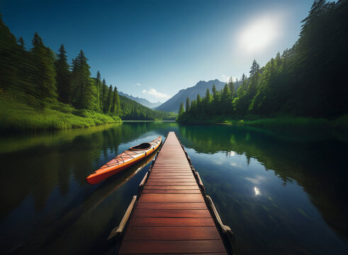 Serene mountain lake scene.  Orange kayak rests at a wooden dock extending into the calm, reflective water.  Lush green forest backdrop under a bright sun.