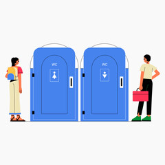 Two portable restrooms with male and female characters in flat vector illustration symbolizing public hygiene and sanitation at outdoor events, isolated on white background.