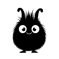 Fototapeta premium Cute Furry Monster with Big Eyes Illustration, A playful black and white illustration of a fluffy monster with big eyes, pointy ears, and a friendly smile, showcasing whimsical character design.