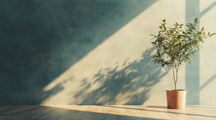 3D rendering of an empty interior room with a plant placed in the right part of the image. 