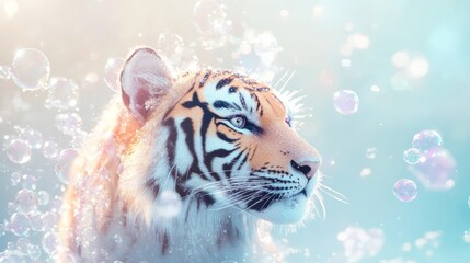 A close-up of a tiger's head against a background of flying, airborne soap bubbles. 
