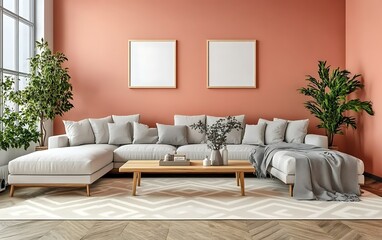 Modern living room interior with blank frames, sofa, plants, and rug. (1)