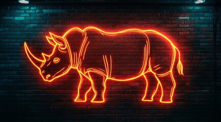 A glowing neon silhouette of a rhinoceros on a brick wall. 