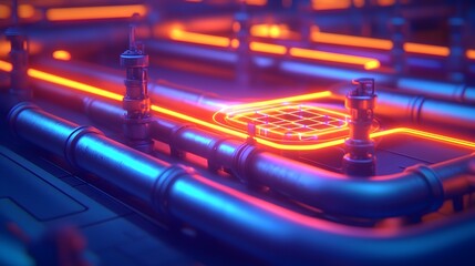 Neon Lit Industrial Pipes with Glow Effect in a Futuristic Setting