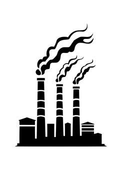 recommend clip art: Factory Silhouette with Smoking Chimneys Illustration, A black and white silhouette illustration of an industrial factory with tall chimneys emitting thick smoke, symbolizing pollution and urban indu
                    