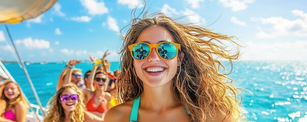 A vibrant boat party with students celebrating on a yacht, wearing sunglasses and swimsuits, surrounded by clear blue waters and a bright sky,