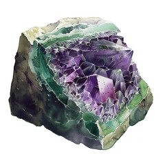 Amethyst crystals green purple on white background, super watercolor old-style vintage illustration