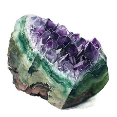 Amethyst crystals green purple on white background, super watercolor old-style vintage illustration
