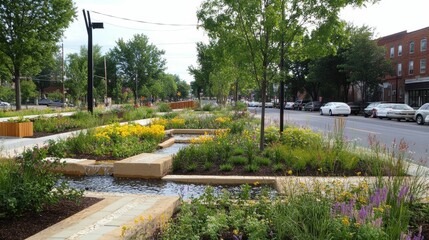 Fototapeta premium Urban streetscape with landscaped water feature and wildflowers.