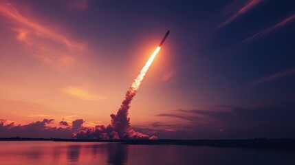 Rocket Launch at Dusk with Smoke Trail in Minimalist Composition
