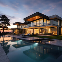 Luxury Real Estate: Majestic Modern Estate Under the Twilight Sky