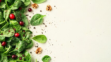 Spinach salad tossed with cranberries and walnuts, isolated on a light cream background with soft highlights