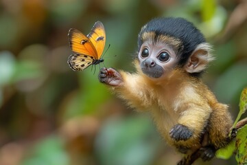 Obraz premium Monkey examines orange butterfly, nature's beauty.