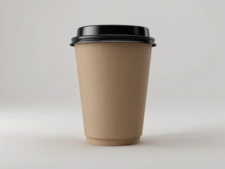 Minimalist brown kraft paper coffee cup with a black lid on a white background.