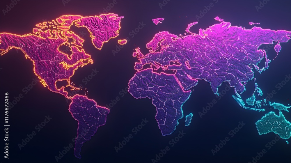 Poster neon outline of world map with vibrant gradient colors