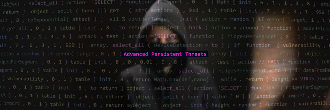 Advanced persistent threats text in foreground screen, hacker hidden in the blurred background. Vulnerability text in binary system ascii art style, code on editor screen. Text in English