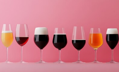 Row of wine glasses with different colored liquids in them. The glasses are lined up on a pink background