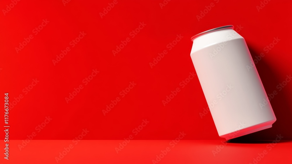 Poster white can is on a red background. the can is upside down and he is floating in midair
