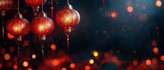 Nighttime photography of festive lanterns in celebration city streets with copy space