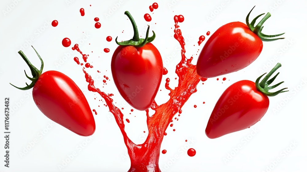 Poster close up of a red tomato with a splash of red paint surrounding it. the splatter of paint is in the 