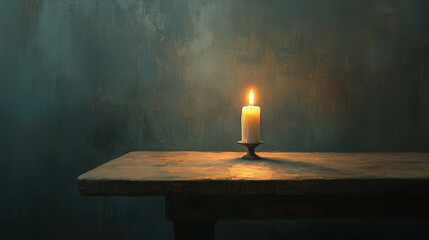 A solitary candle lit in the center of a bare table, its flame steady, symbolizing enlightenment and hope.