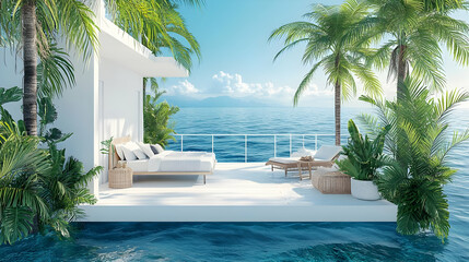 Tropical Oceanfront Bedroom 3D Illustration