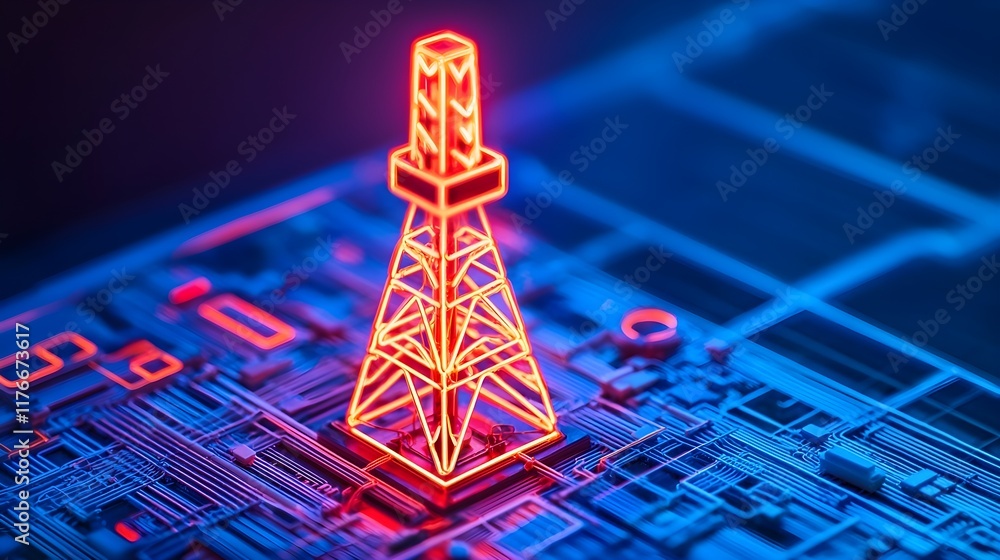 Poster neon tower design with circuit board background for technology concept