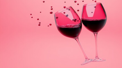 Two wine glasses filled with red wine on a pink background. The wine glasses are almost empty, with only a few drops of wine left in them. The pink background adds a romantic