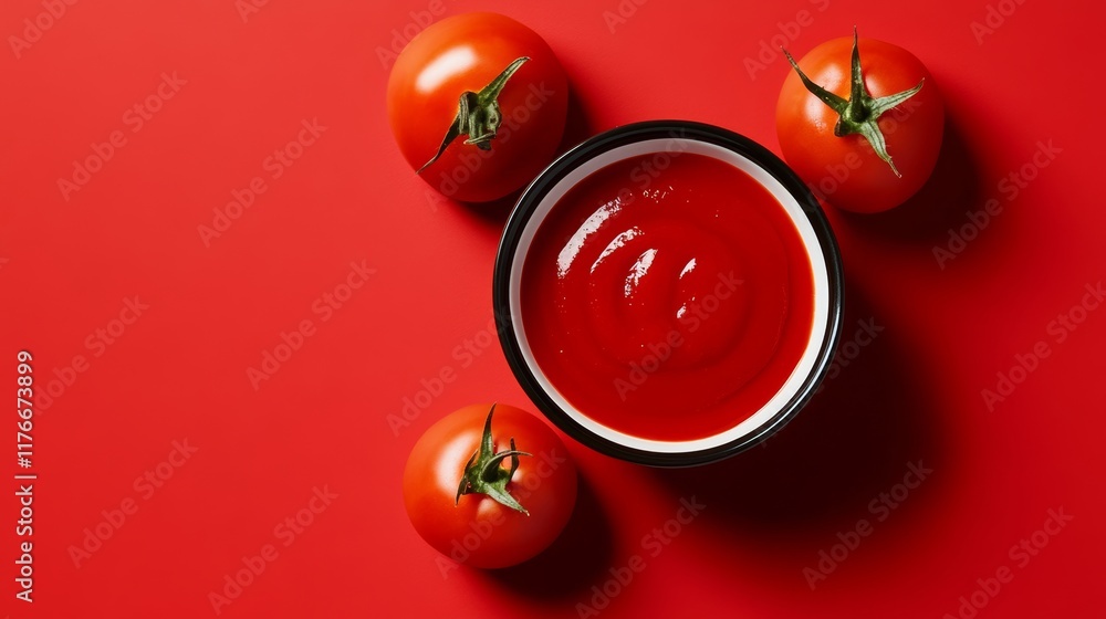 Poster bowl of red ketchup is on a red background with three tomatoes. the bowl is filled with ketchup and 
