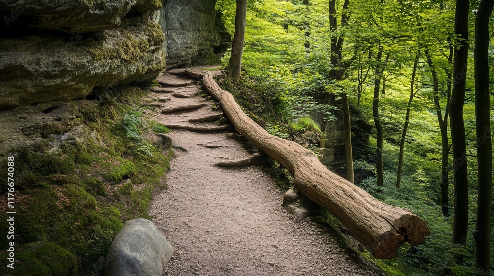 Poster a serene forest path lined with a log, surrounded by lush greenery and rocky cliffs.