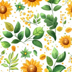 Floral pattern design featuring sunflowers and green leaves nature background graphic art vibrant colors aesthetic appeal