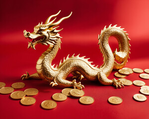 Obraz premium a majestic golden dragon resting on a sea of coins