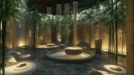 Fototapeta premium Serene Zen Garden: Tranquil Bamboo Oasis with Water Features