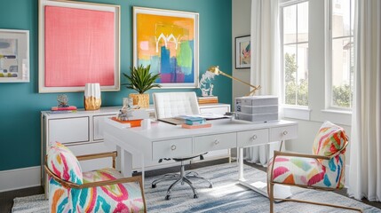 A stylish home office featuring colorful decor and modern furniture.