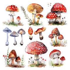 Watercolor colorful mushroom set vintage style isolated on white background. Perfect for cards, invitations and posters
