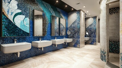 Modern restroom with mosaic tile, sinks, mirrors.