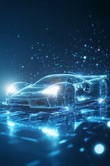 A wireframe sportcar is glowing blue, illuminated by white light in front of it. The background features a dark blue gradient and digital data points floating around the car