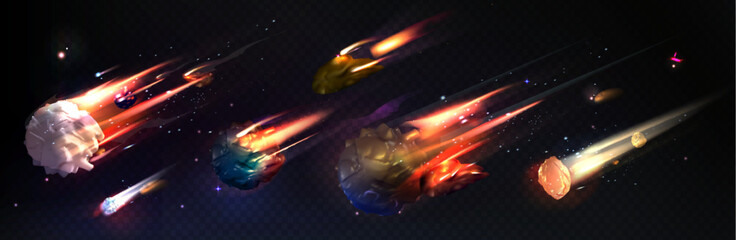 Flying asteroids set isolated on transparent background. Vector realistic illustration of space comet with burning tail falling in dark sky, meteor with fire trail, shooting stars glowing in darkness