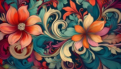 Swirly floral retro wallpaper. Generated image