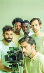 Fototapeta premium Professional diverse filmmakers collaborating in a modern studio. Group of creative male filmmakers working together on a film production project. 