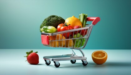 shopping cart full of groceries. A miniature shopping cart loaded with fresh fruits and vegetables, placed on a soft gradient