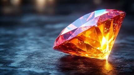 Sparkling orange diamond gemstone on dark surface.