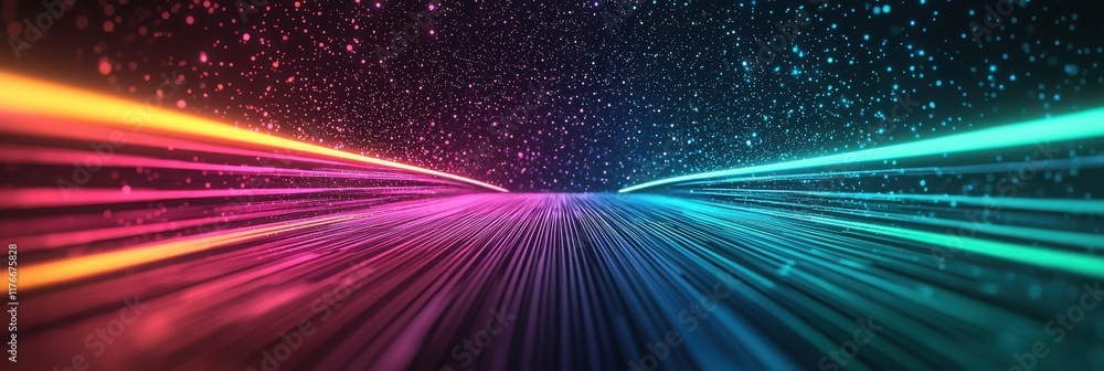 Poster a vibrant digital scene featuring colorful rays of light, creating a dynamic, energetic atmosphere a